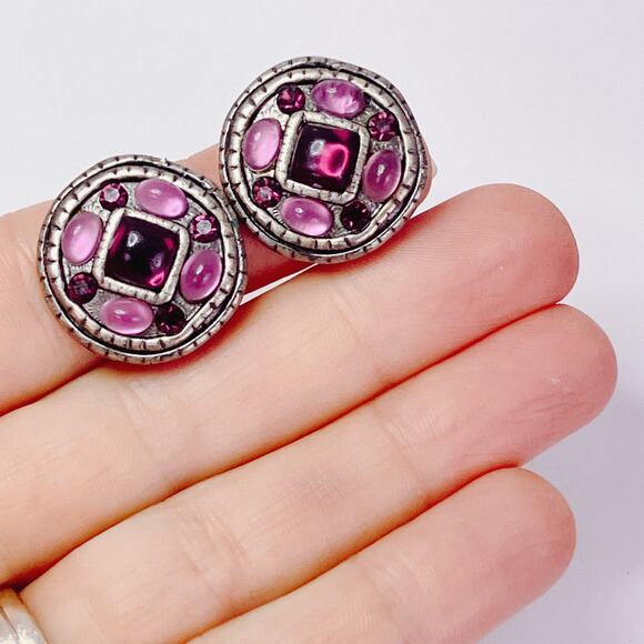 VTG Artisan Earrings Silver Tone Lucite Purple Pink Clip On Vibrant Colorful 80s - Picture 2 of 13